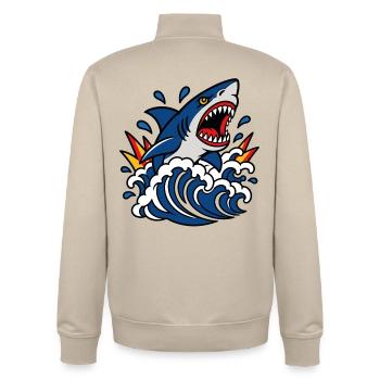 Requin furieux dans les vagues style tattoo - Sweat zippé unisexe en coton bio Stanley/Stella - beige crème - Dos - AI Model Male 185 dark (185cm)