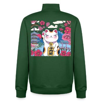 Kawaii Lucky cat Maneki Neko Cherry blossom - Unisex Organic Zip Sweatshirt by Stanley/Stella - bottle green - Back - AI Model Male 185 dark (185cm)