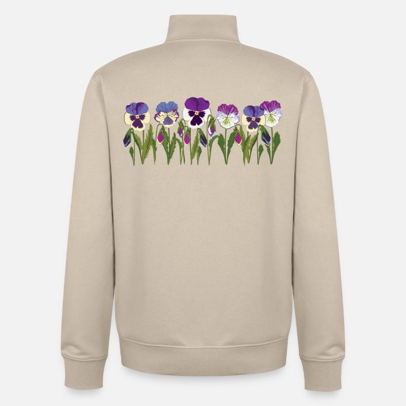 Rangée de fleurs de pensée en violet - Sweat zippé unisexe en coton bio Stanley/Stella - beige crème