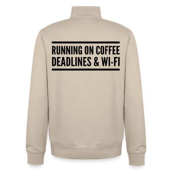 Powered by coffee, delays, and Wi-Fi - Unisex Organic Zip Sweatshirt by Stanley/Stella - desert dust - Back - AI Model Male 185 dark (185cm)