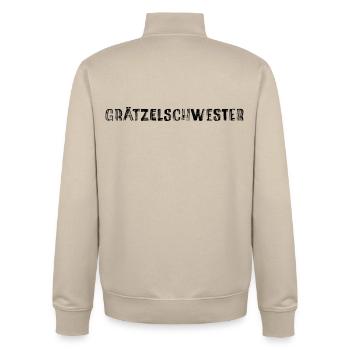 Grätzelschwester – Viennese dialect cult saying - Unisex Organic Zip Sweatshirt by Stanley/Stella - desert dust - Back - AI Model Male 185 dark (185cm)