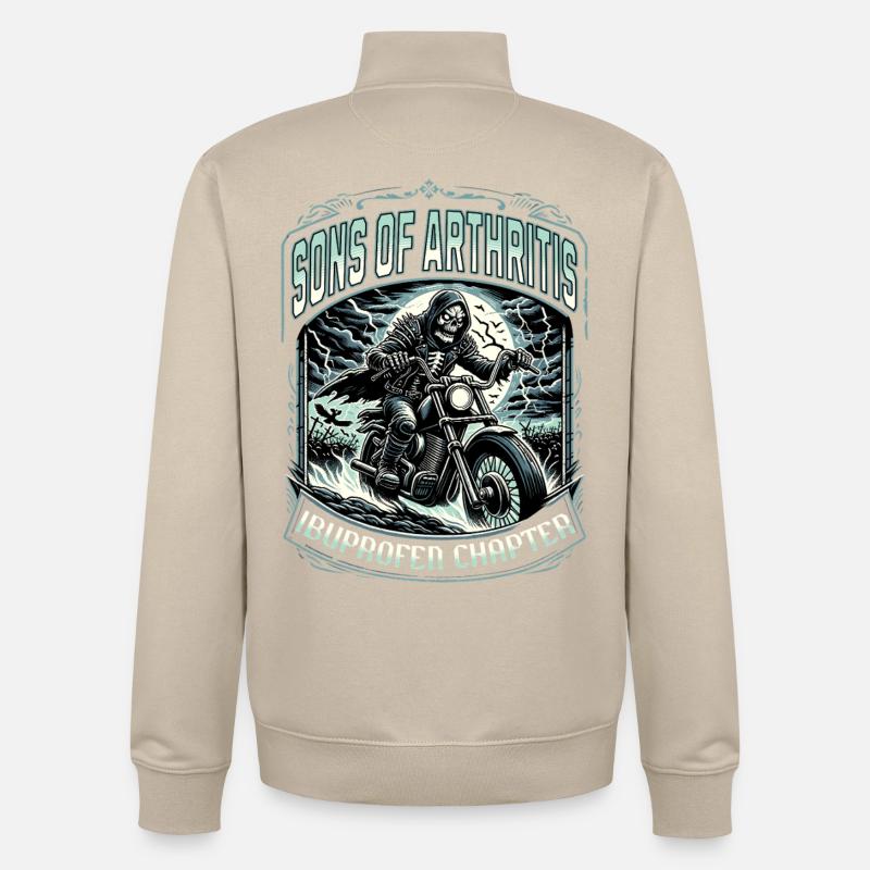 Fils de l’arthrite, chapitre Ibuprofène, Moto - Sweat zippé unisexe en coton bio Stanley/Stella - beige crème
