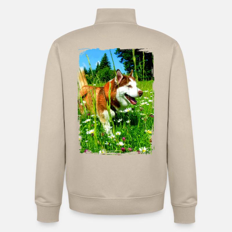 Husky dans un champ de fleurs - Sweat zippé unisexe en coton bio Stanley/Stella - beige crème
