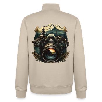 Camera in the mountains - Unisex Organic Zip Sweatshirt by Stanley/Stella - desert dust - Back - AI Model Male 185 dark (185cm)