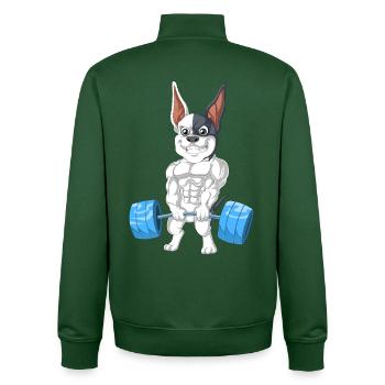 French Bulldog Weightlifting – Strong Dog Gym  - Unisex Organic Zip Sweatshirt by Stanley/Stella - bottle green - Back - AI Model Male 185 dark (185cm)