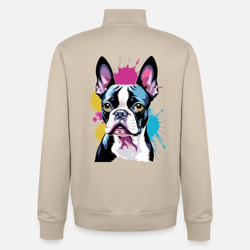 Bunter Boston Terrier Kunstporträt - Unisex Organic Zip Sweatshirt von Stanley/Stella - Cremebeige