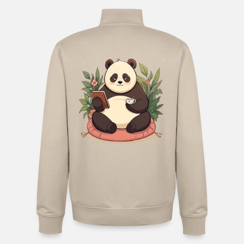 Panda beim Lesen mit Tee - Unisex Organic Zip Sweatshirt von Stanley/Stella - Cremebeige