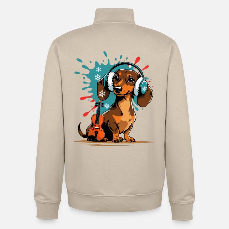 Wintermusik-Dackel mit Kopfhörern - Unisex Organic Zip Sweatshirt von Stanley/Stella - Cremebeige