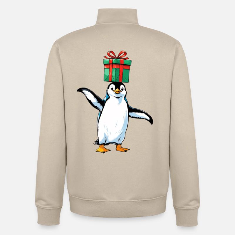 Pinguin mit Geschenk auf Kopf - Unisex Organic Zip Sweatshirt von Stanley/Stella - Cremebeige