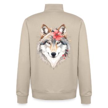Wolf's head with flower wreath - Unisex Organic Zip Sweatshirt by Stanley/Stella - desert dust - Back - AI Model Male 185 dark (185cm)