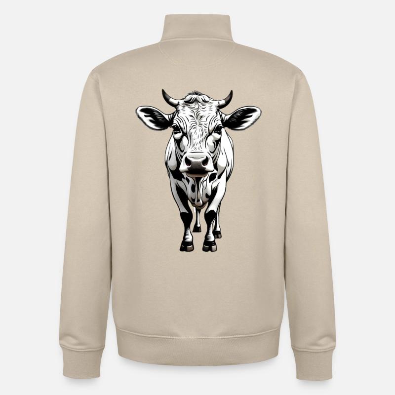 Illustration monochrome de tête de vache - Sweat zippé unisexe en coton bio Stanley/Stella - beige crème