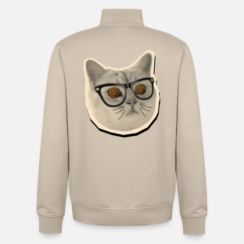 Comic Cat with Bitcoin Glasses - Unisex Organic Zip Sweatshirt by Stanley/Stella - desert dust