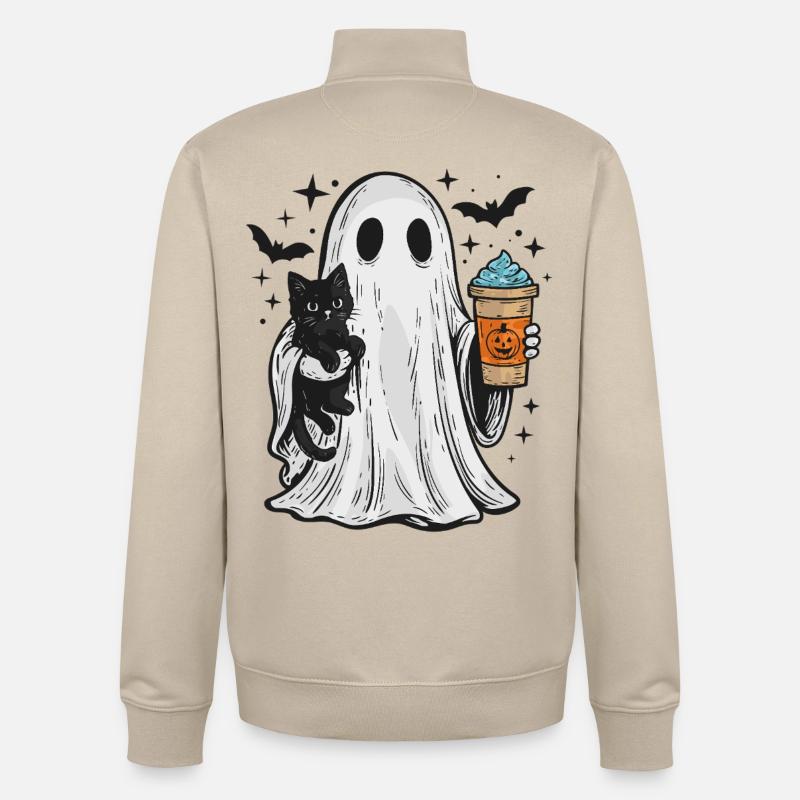 Halloween-Geist mit Katze und Kaffee - Unisex Organic Zip Sweatshirt von Stanley/Stella - Cremebeige