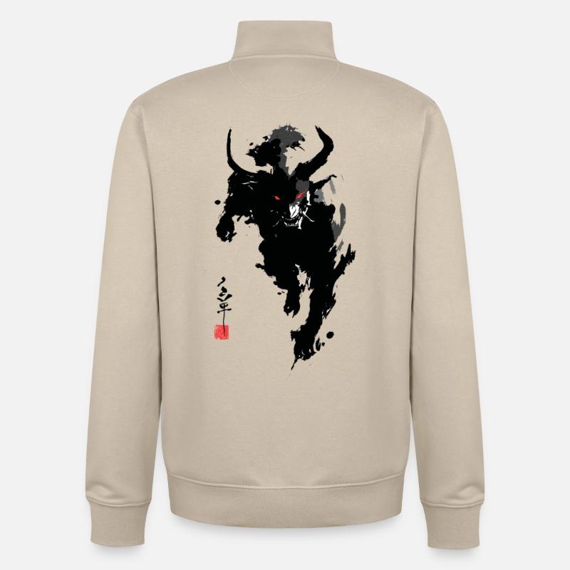 Oni Hannya – Démon Japonais Sumi-e Cornes Rouges - Sweat zippé unisexe en coton bio Stanley/Stella - beige crème