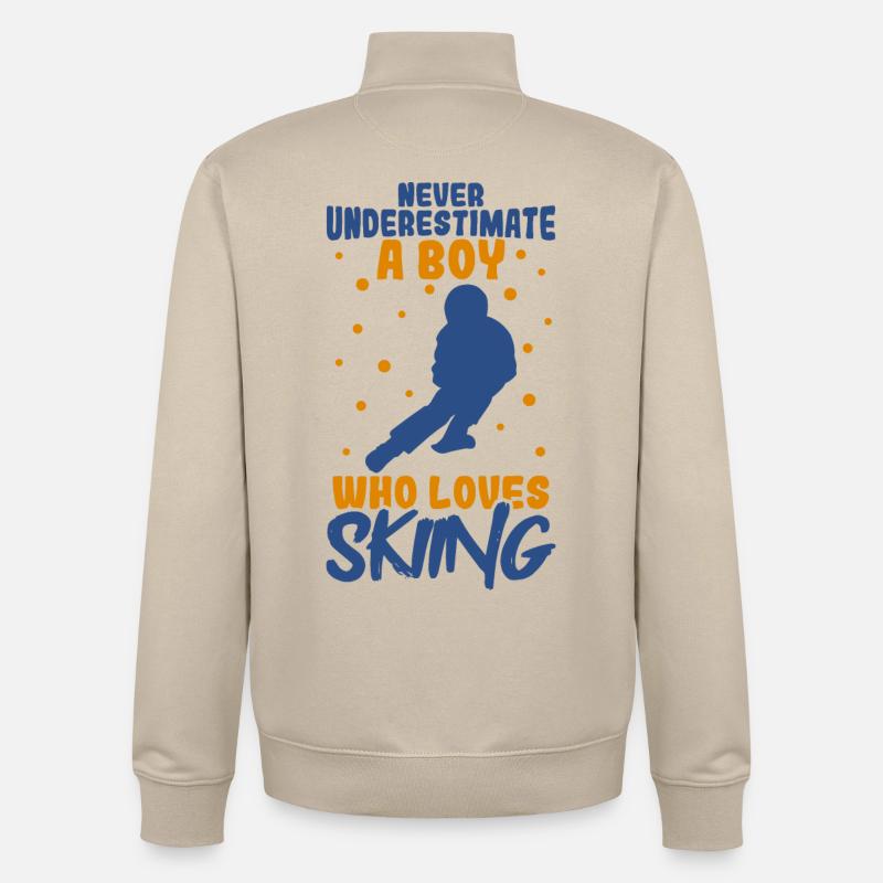 Never underestimate a ski boy - Unisex Organic Zip Sweatshirt by Stanley/Stella - desert dust