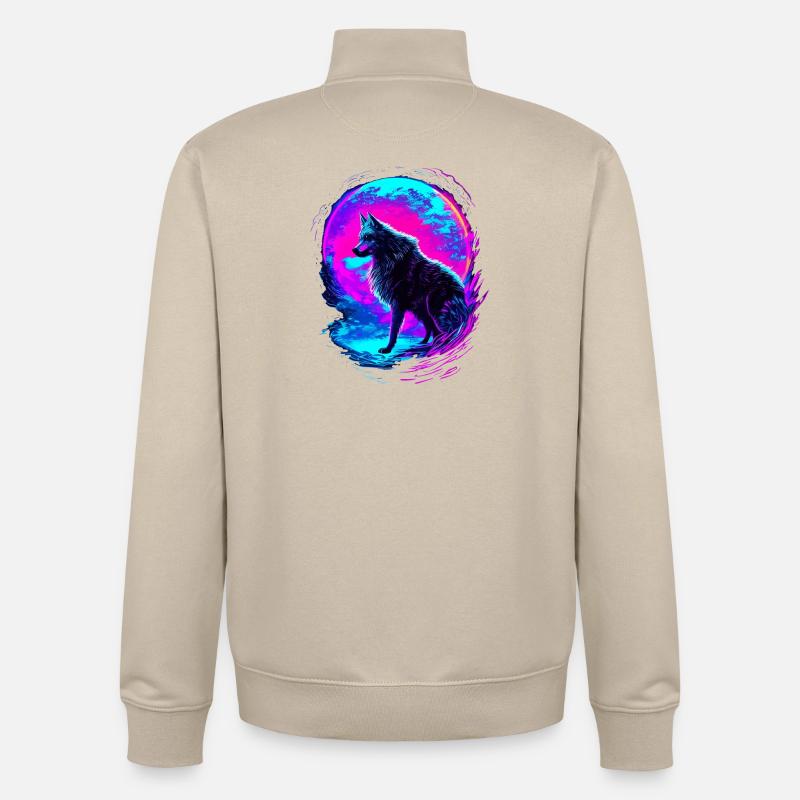 Wolf Neon Moon Synthwave - Sweat zippé unisexe en coton bio Stanley/Stella - beige crème