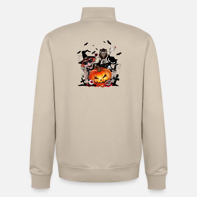 Halloween Kürbis mit Hexe,Katze,Fledermaus & Eule - Unisex Organic Zip Sweatshirt von Stanley/Stella - Cremebeige