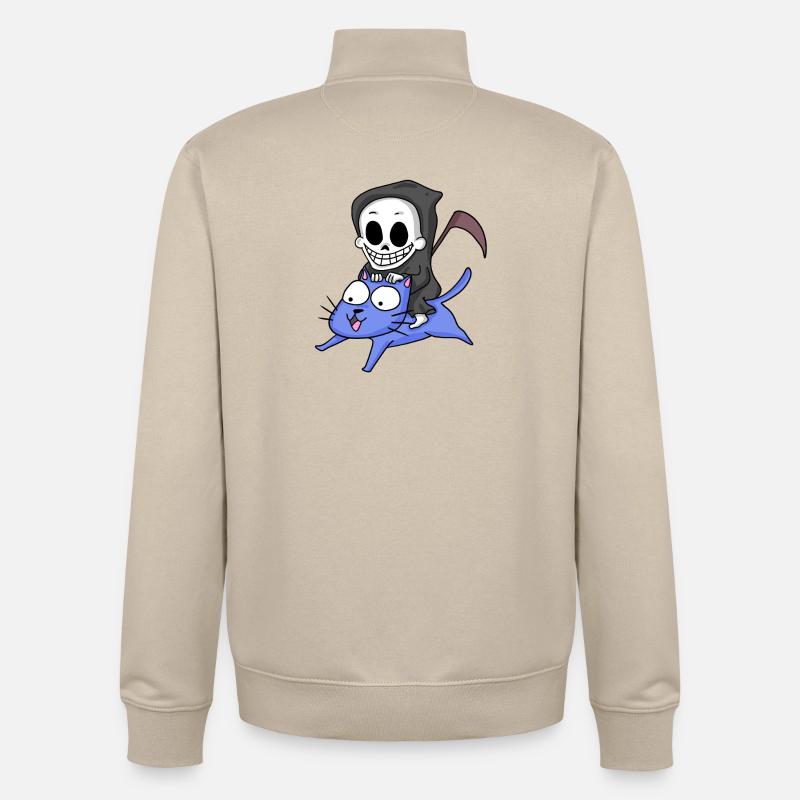 Grim Reaper sitting on cat - Unisex Organic Zip Sweatshirt by Stanley/Stella - desert dust