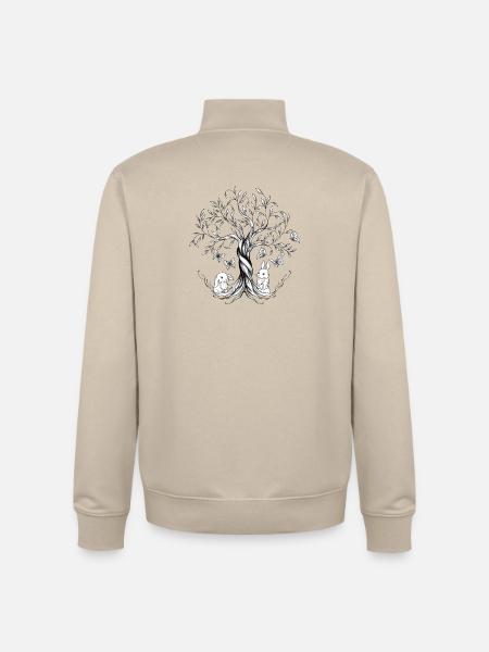 Tegning af livets træ, kaniner, sommerfugle - Stanley/Stella unisex sweatshirt med lynlås i økologisk - cremebeige