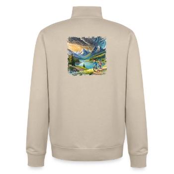Children on bicycles in mountain landscape - Unisex Organic Zip Sweatshirt by Stanley/Stella - desert dust - Back - AI Model Male 185 dark (185cm)