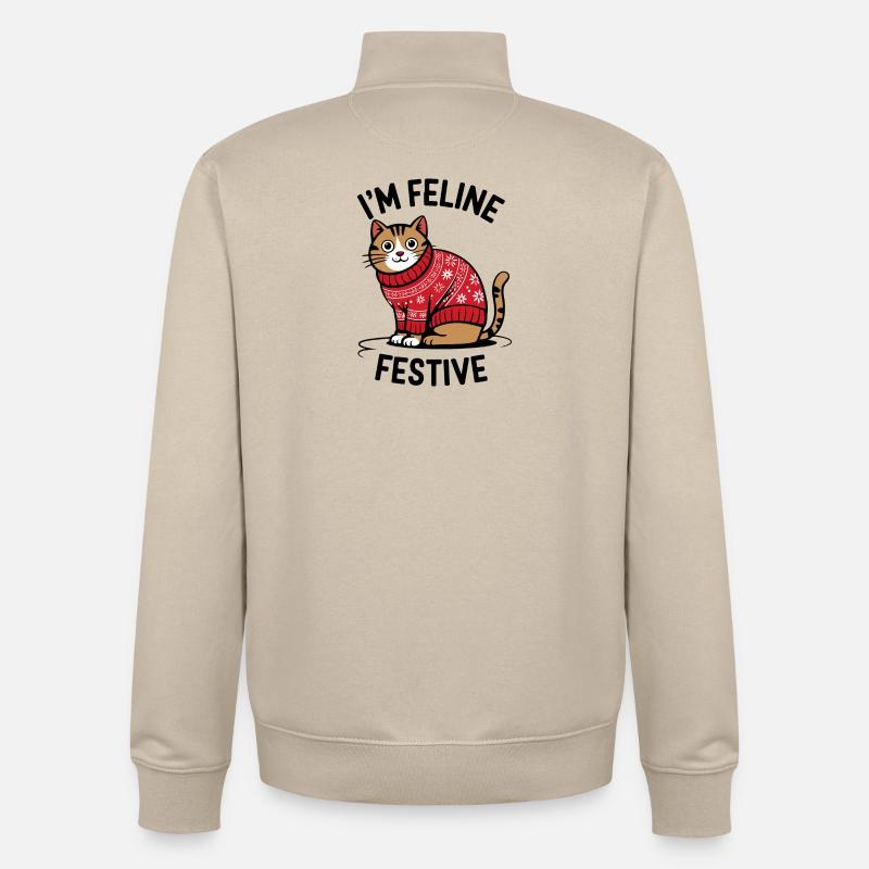 Festliche Katze mit Weihnachtspullover - Unisex Organic Zip Sweatshirt von Stanley/Stella - Cremebeige
