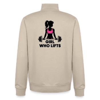 Bodybuilder Gym Girl Barbell Power Beauty - Unisex Organic Zip Sweatshirt by Stanley/Stella - desert dust - Back - AI Model Male 185 dark (185cm)