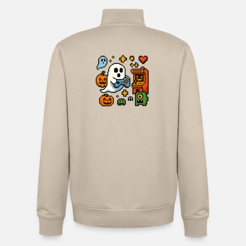 Pixel Ghost Gaming Design rétro - Sweat zippé unisexe en coton bio Stanley/Stella - beige crème