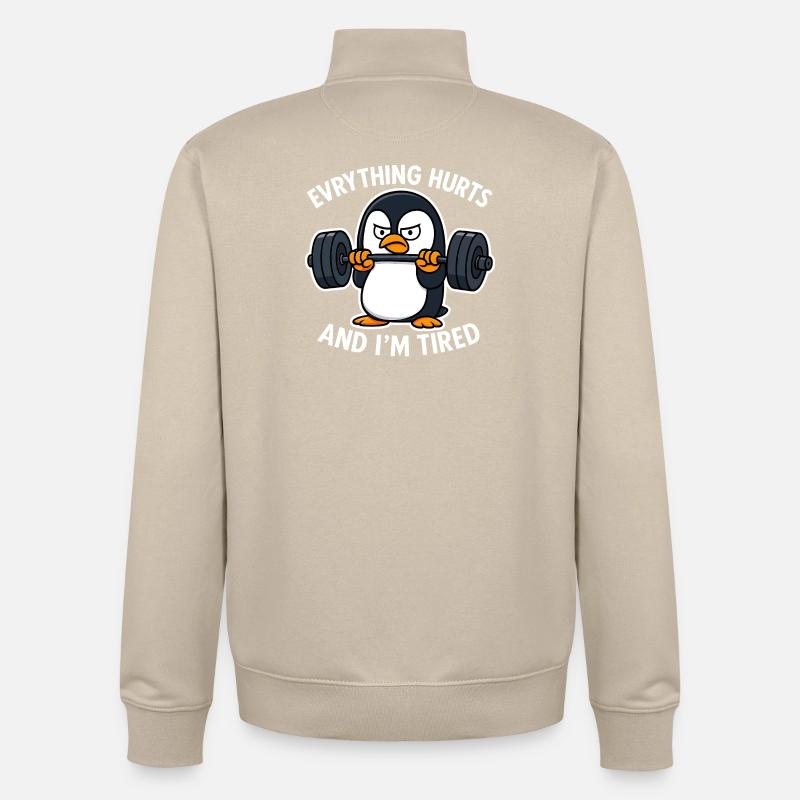 Grumpy Penguin Lifting Weights - Unisex Organic Zip Sweatshirt by Stanley/Stella - desert dust