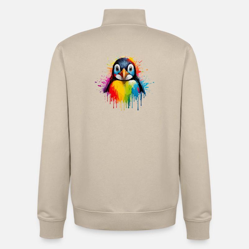 Art éclaboussuré de manchots arc-en-ciel - Sweat zippé unisexe en coton bio Stanley/Stella - beige crème