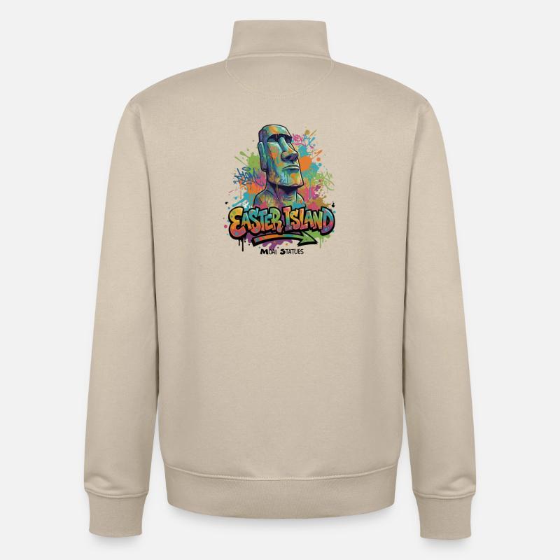 Moai – Gardiens de l’île de Pâques - Graffiti vibrant - Sweat zippé unisexe en coton bio Stanley/Stella - beige crème