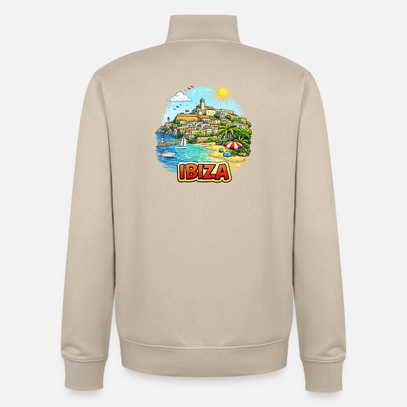 Illustration du Paradis côtier d’Ibiza - Sweat zippé unisexe en coton bio Stanley/Stella - beige crème
