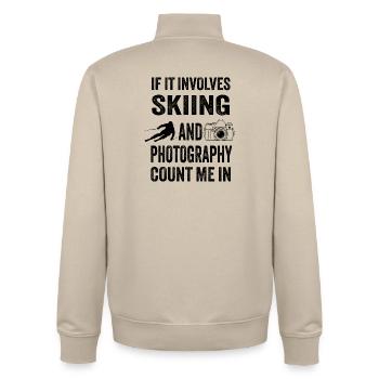Skiing and Photography - Winter Sports Photo Gift - Unisex Organic Zip Sweatshirt by Stanley/Stella - desert dust - Back - AI Model Male 185 dark (185cm)