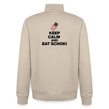 KEEP CALM AND EAT CHOCOLATE, CHOCOLATE JUNKIE GIFT - Unisex Organic Zip Sweatshirt by Stanley/Stella - desert dust - Back - AI Model Male 185 dark (185cm)