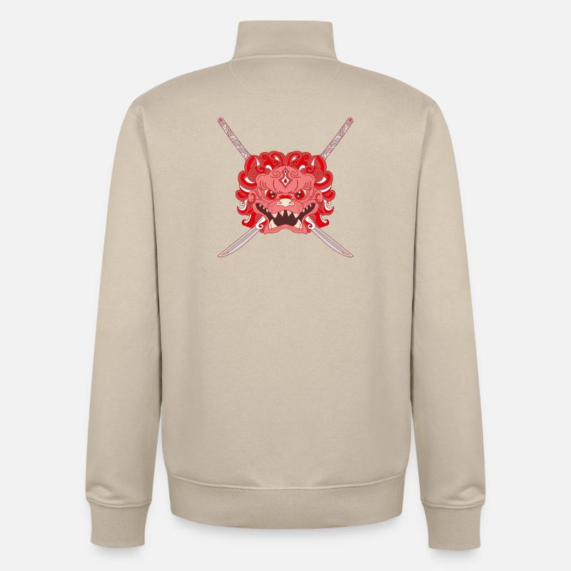Lion chinois rouge et katanas croisés - Sweat zippé unisexe en coton bio Stanley/Stella - beige crème