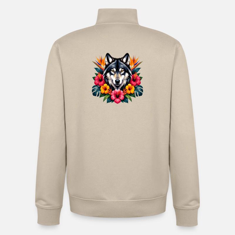 Fleurs tropicales Wolf’s Head - Sweat zippé unisexe en coton bio Stanley/Stella - beige crème