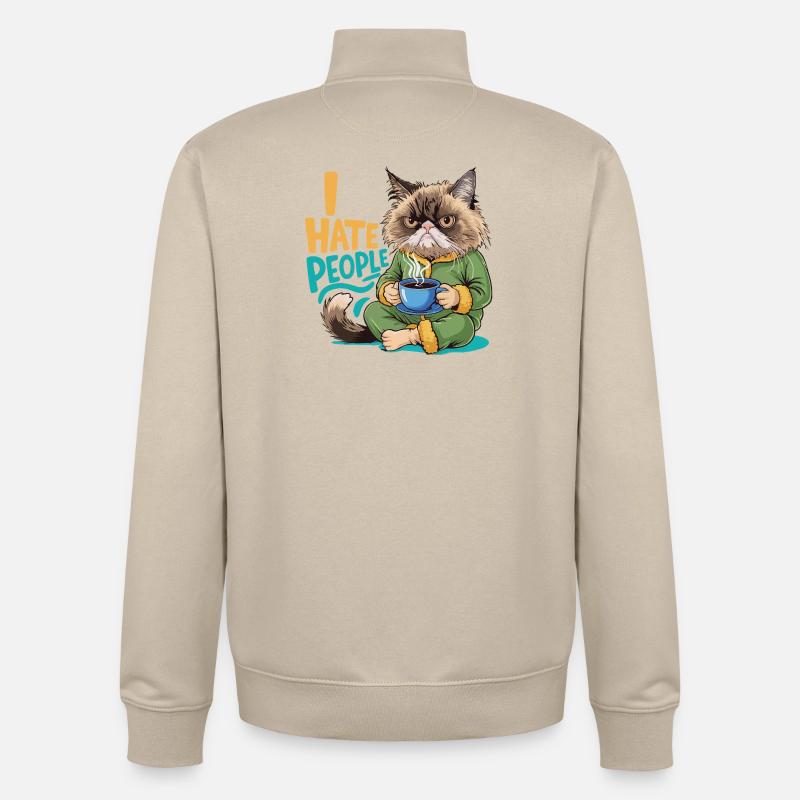 Chat Café Matin Grouch Drôle Introverti - Sweat zippé unisexe en coton bio Stanley/Stella - beige crème