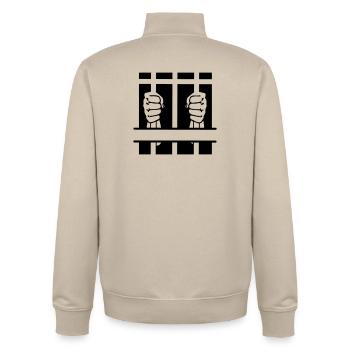 Deux poings derrière les barreaux et un espace texte - Sweat zippé unisexe en coton bio Stanley/Stella - beige crème - Dos - AI Model Male 185 dark (185cm)