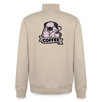 Pug Coffee Morning Grouch Banner - Unisex Organic Zip Sweatshirt by Stanley/Stella - desert dust - Back - AI Model Male 185 dark (185cm)