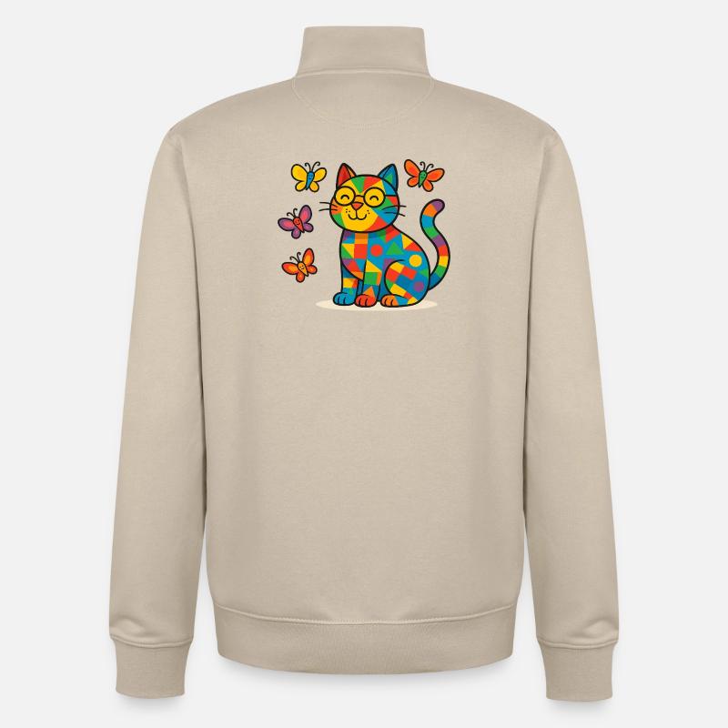 Chat patchwork et papillons - Sweat zippé unisexe en coton bio Stanley/Stella - beige crème