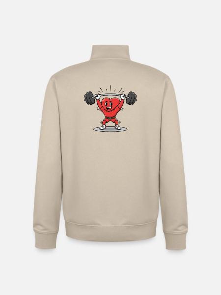Strong Heart Lifting Weights Cartoon Design - Unisex Organic Zip Sweatshirt by Stanley/Stella - desert dust