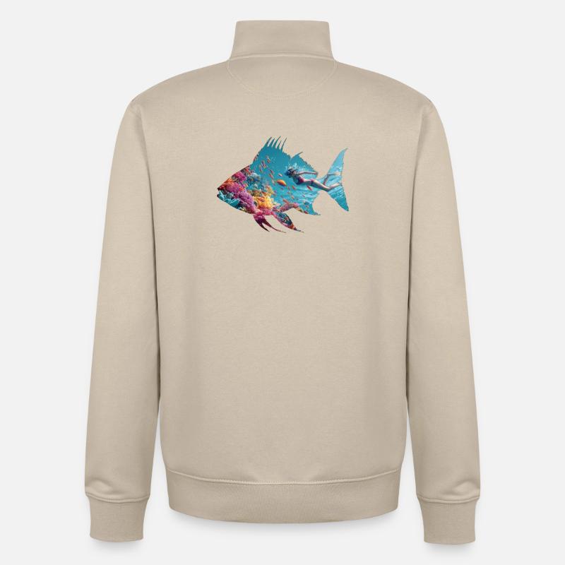 Silhouette de poisson sous-marin avec plongeur - Sweat zippé unisexe en coton bio Stanley/Stella - beige crème