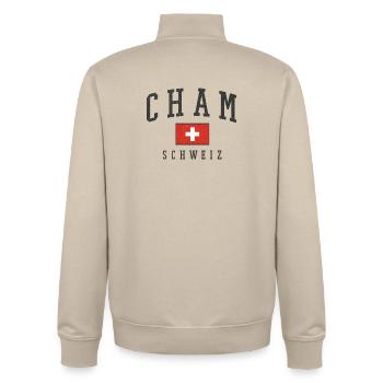 Cham Schweiz Flaggenstil - Unisex Organic Zip Sweatshirt von Stanley/Stella - Cremebeige - Hinten - AI Model Male 185 dark (185cm)
