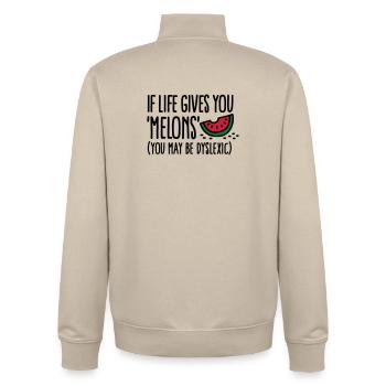 If live gives you melons, you may be dyslexic - Unisex Organic Zip Sweatshirt by Stanley/Stella - desert dust - Back - AI Model Male 185 dark (185cm)