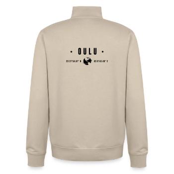 Oulu GPS Coordinates Black Typography - Unisex Organic Zip Sweatshirt by Stanley/Stella - desert dust - Back - AI Model Male 185 dark (185cm)