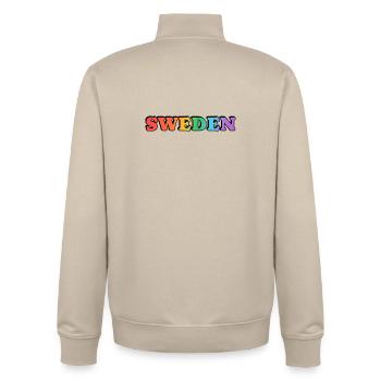 Gay Sweden Rainbow Typography - Unisex Organic Zip Sweatshirt by Stanley/Stella - desert dust - Back - AI Model Male 185 dark (185cm)