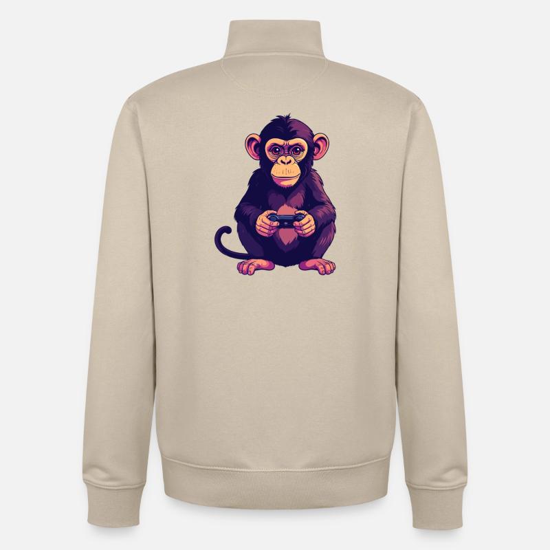 Monkey on controller playing console gaming - Unisex Organic Zip Sweatshirt by Stanley/Stella - desert dust