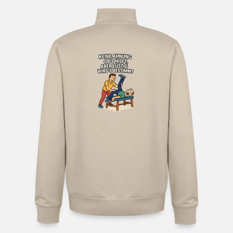 Dicton de physio : Aucune idée si ça aide drôle - Sweat zippé unisexe en coton bio Stanley/Stella - beige crème