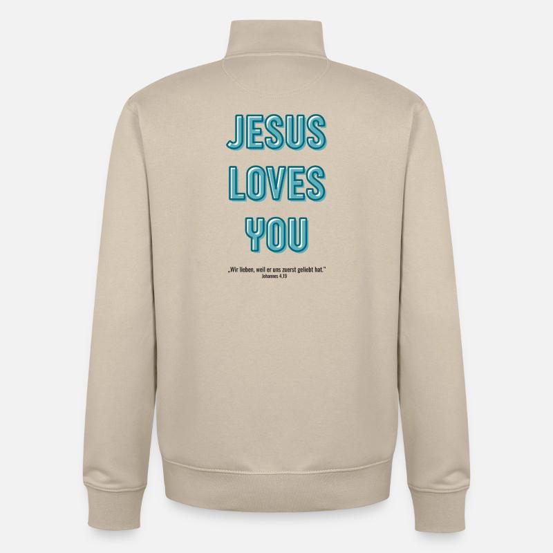 Jésus t’aime en script 3D - Sweat zippé unisexe en coton bio Stanley/Stella - beige crème