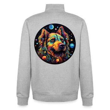 Chien de l’espace coloré avec des planètes - Sweat zippé unisexe en coton bio Stanley/Stella - gris chiné - Dos - AI Model Male 185 light (185cm)