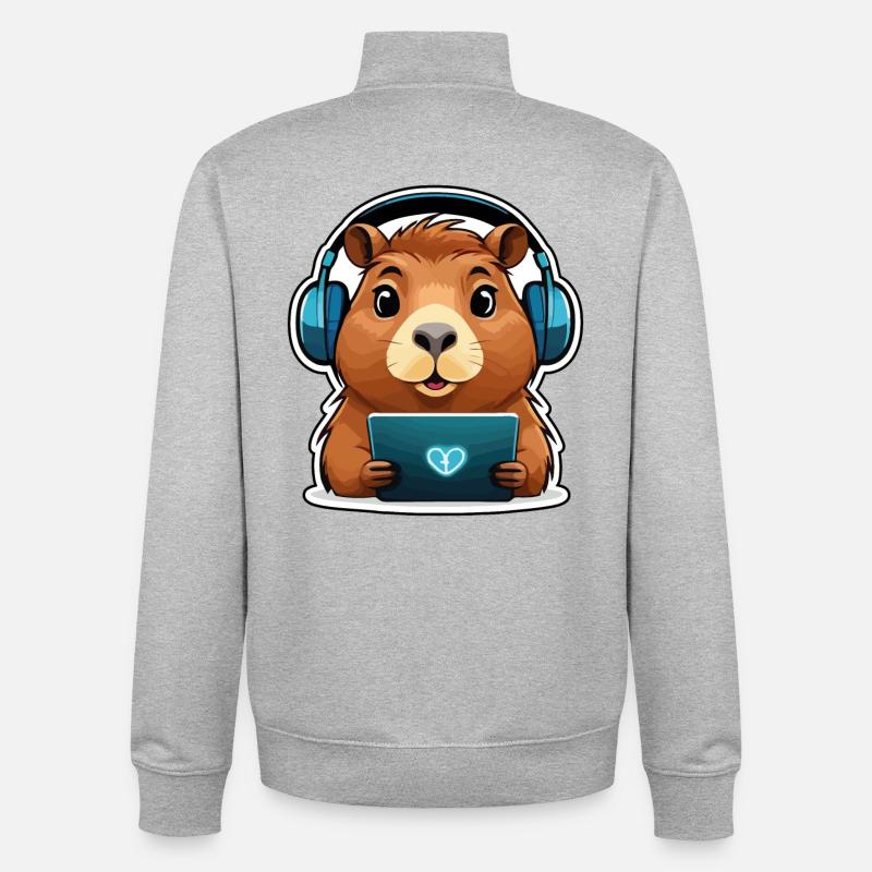 Capybara with computer - Unisex Organic Zip Sweatshirt by Stanley/Stella - heather grey